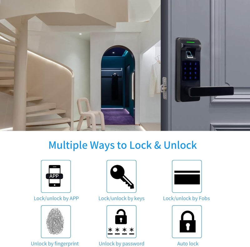 HARFO Fingerprint Door Lock, Heavy Duty Full APP Control Touchscreen Keypad Keyless Lock with Reversible Handle, Perfect for Home/Office/Bedroom Doors (Black) - Image 3